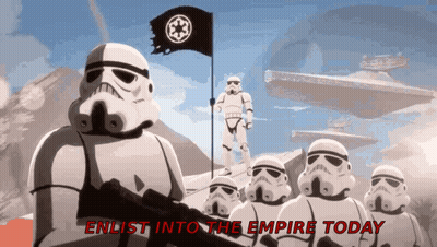Stormtroopers Standing With Enlist Into The Empire Today Flag GIF