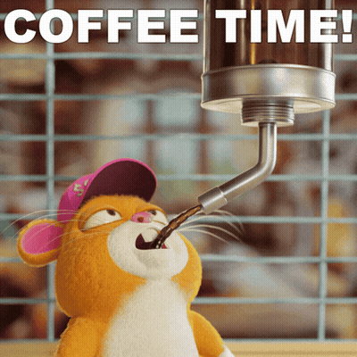 Stuffed Animal Drinking From Coffee Dispenser Saying Coffee Time GIF