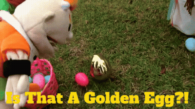 Stuffed Animal Holding Basket Of Easter Eggs Saying Is That A Golden Egg GIF