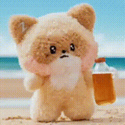 Stuffed Animal Holding Beer On Beach GIF