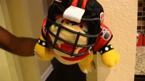Stuffed Animal In Football Helmet And Red And Black Jersey With Letter D GIF
