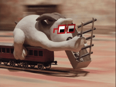 Stuffed Animal In Red Glasses Pushing Toy Train GIF