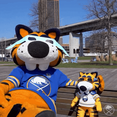 Stuffed Animal In Sabres Jersey Next To Smaller Stuffed Animal GIF