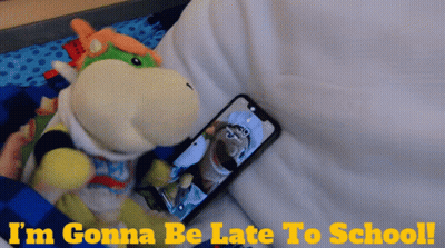 Stuffed Animal Next To Phone Saying I'm Gonna Be Late To School GIF