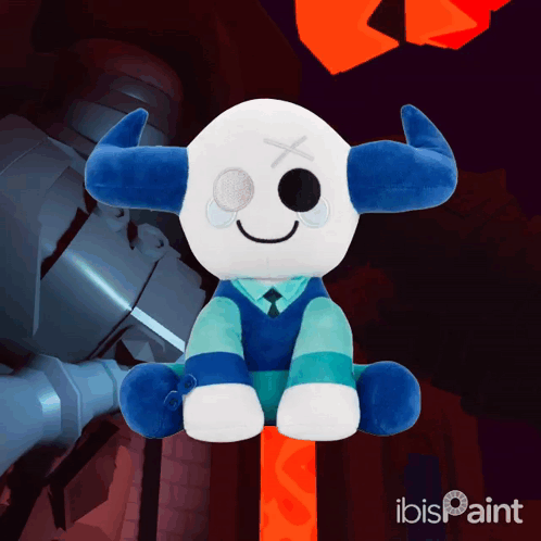 Stuffed Animal With Blue Horns On Red Pole With Ibis Paint GIF