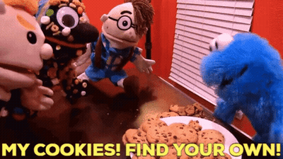 Stuffed Animals Around Cookies Saying My Cookies Find Your Own GIF