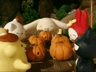 Stuffed Animals Around Pumpkins GIF