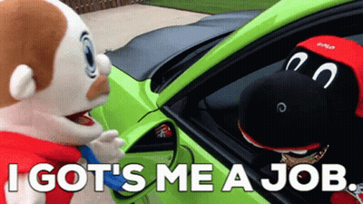 Stuffed Animals In Front Of Green Car Saying I Got Me A Job GIF