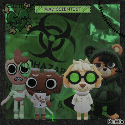 Stuffed Animals In Front Of Mad Scientist Bag GIF