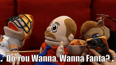 Stuffed Animals On Red Couch Saying Do You Wanna Wanna Fanta GIF