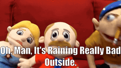 Stuffed Animals On Red Couch Saying Oh Man It's Raining GIF