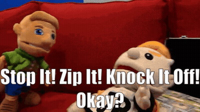 Stuffed Animals On Red Couch Saying Stop It Zip It Knock It Off Okay GIF