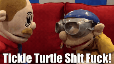 Stuffed Animals On Red Couch Saying Tickle Turtle Shit Fuck GIF