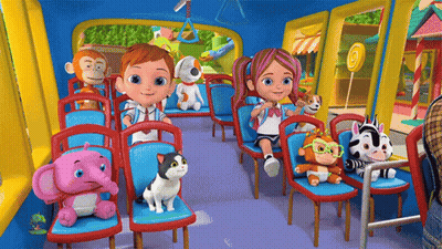 Stuffed Animals Sitting In A Bus GIF