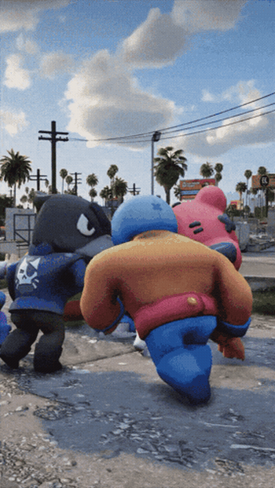 Stuffed Animals Standing On Street GIF
