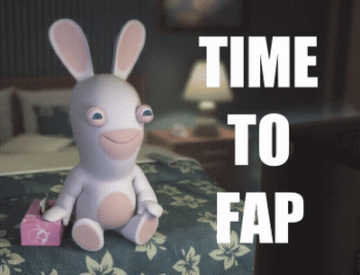 Stuffed Bunny Sitting On Bed Saying Time To Fap GIF