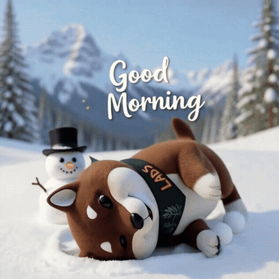Stuffed Dog In Snow With Snowman Good Morning GIF