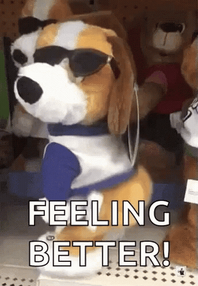 Stuffed Dog In Sunglasses And Tie Saying Feeling Better GIF