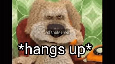 Stuffed Dog Sitting In Chair Talking On Phone Says Hangs Up GIF