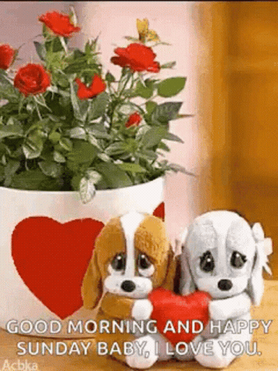 Stuffed Dogs Holding Heart Next To Potted Plant GIF