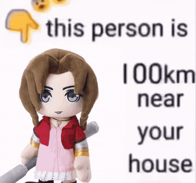 Stuffed Doll Standing Next To Sign Saying This Person 41 Km Near Your Home GIF