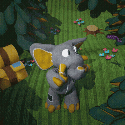 Stuffed Elephant With Yellow Ears On Green Field GIF