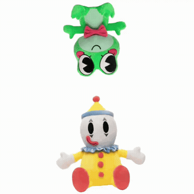 Stuffed Frog And Clown Next To Each Other GIF