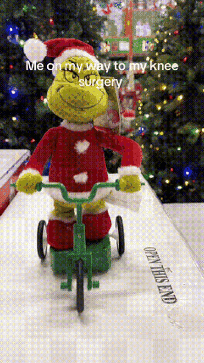 Stuffed Grinch Riding Tricycle In Front Of Christmas Tree Saying Me On My Way GIF