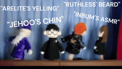 Stuffed Harry Potter Characters On Stage Saying Arelite's Yelling GIF