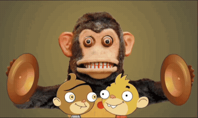 Stuffed Monkey Surrounded By Two Cartoon Characters GIF
