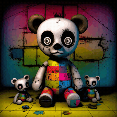 Stuffed Panda Bear In Rainbow Checkered Outfit GIF