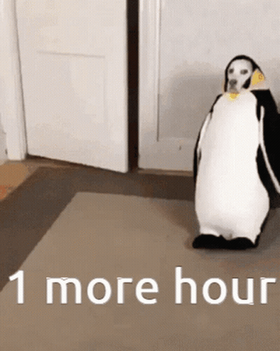 Stuffed Penguin At Door Saying I More Hour GIF