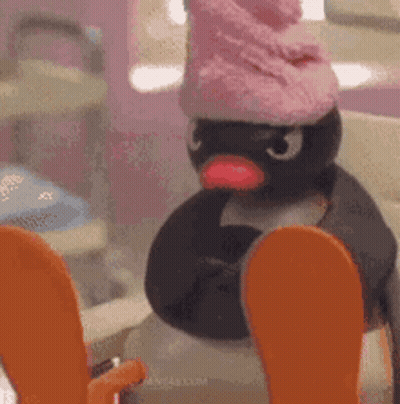 Stuffed Penguin In Pink Hat Skiing GIF