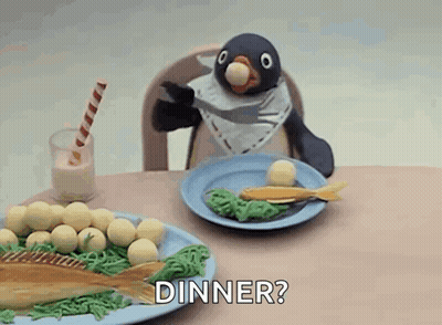 Stuffed Penguin With Dinner Sign GIF