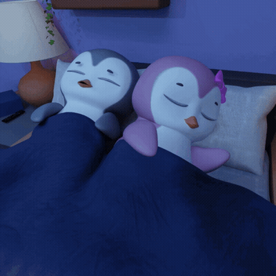 Stuffed Penguins Sleeping On Bed GIF