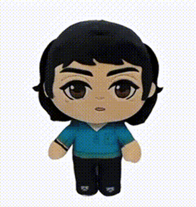 Stuffed Toy Boy With Short Black Hair And Brown Eyes GIF