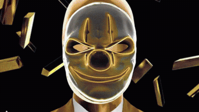 Suit-And-Tie Man With Clown Mask And Gold Bars GIF