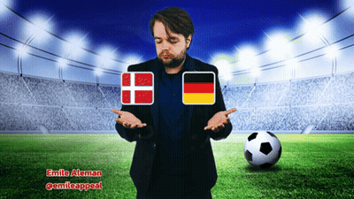 Suited Man With Soccer Ball, Danish, German Flags GIF
