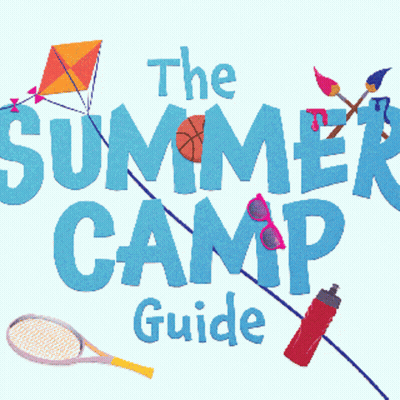 Summer Camp Guide Logo With Kite Tennis Ball Basketball Water Bottle GIF