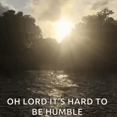 Sun Shining Through Trees Over Water Saying Oh Lord It's Hard To Be Humble GIF