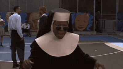Sunglass-Wearing Nun In White Hat On Basketball Court GIF