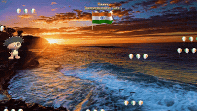 Sunset Ocean Balloons Flag Saying Happy Independence Day GIF