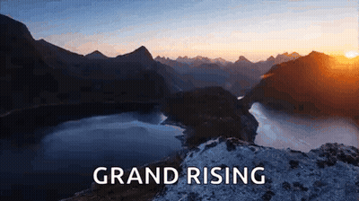 Sunset Over Lake And Mountains Saying Grand Rising GIF