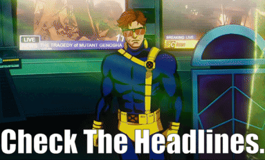Superhero Costume Man In Front Of Screen Saying Check The Headlines GIF