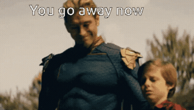 Superhero Standing Next To Boy Saying You Go Away Now GIF
