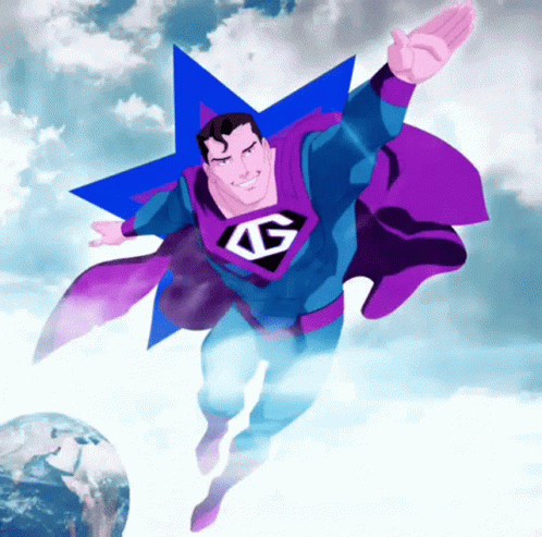 Superhero With Letter G On Chest Flying Through Cloudy Sky GIF