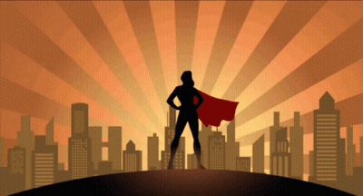 Superhero With Red Cape In Front Of City GIF