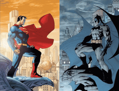 Superman And Batman Standing In Front Of Cityscape GIF