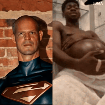 Superman Costume Man Next To Shirtless Towel Man GIF