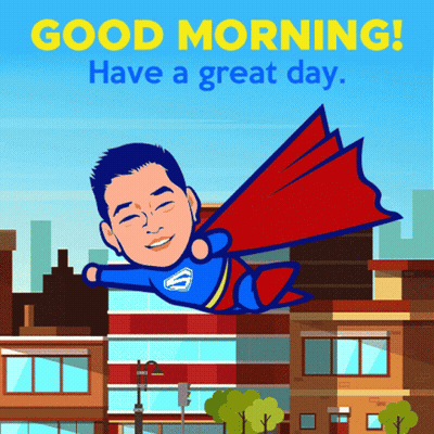 Superman Flying Over City Saying Good Morning Have A Great Day GIF